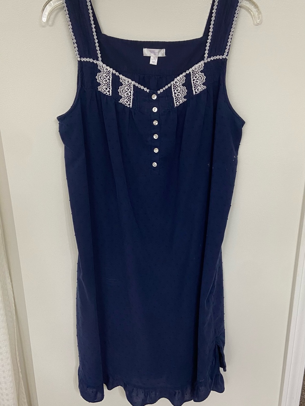 Secret Treasures Sleepwear Nightgown L 12-14 Navy Cotton Swiss Dot Lace Trim
